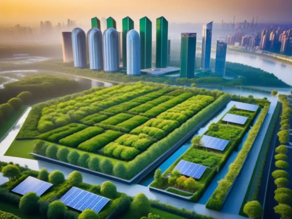 Metrópolis sostenible: arquitectura eco en armonía con la naturaleza Atardecer dorado sobre paisaje urbano sostenible, con techos verdes y paneles solares