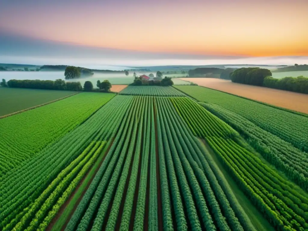 Atardecer mágico en campos agrícolas vibrantes Un atardecer dorado ilumina un paisaje agrícola vibrante y próspero, reflejando la inversión sostenible en tierras agrícolas
