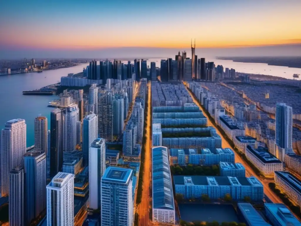 Horizonte urbano al atardecer: modernidad y vitalidad en la ciudad Un atardecer dorado ilumina la vertical ciudad llena de modernos rascacielos, reflejando el vibrante mercado inmobiliario