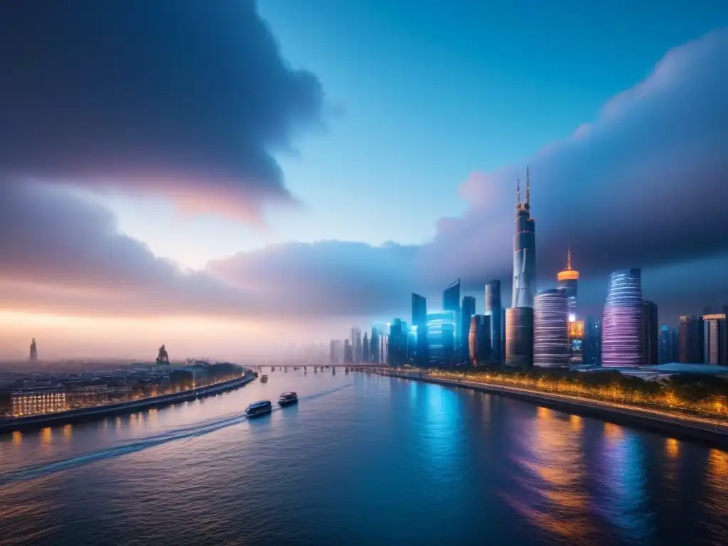 Metrópolis futurista: skyline vibrante y próspero Atardecer futurista en la ciudad: rascacielos iluminados sobre un río sereno