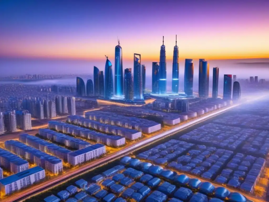 Horizonte futurista de ciudad inteligente en España Un atardecer futurista en la ciudad, con tecnología en mercado inmobiliario español