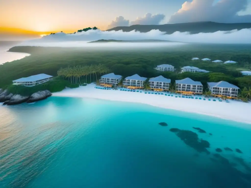 Paraíso caribeño: resort de lujo frente al mar al atardecer Atardecer idílico en resort de lujo frente al mar en el Caribe, con aguas turquesas, playa de arena blanca y villas exclusivas con piscinas infinitas