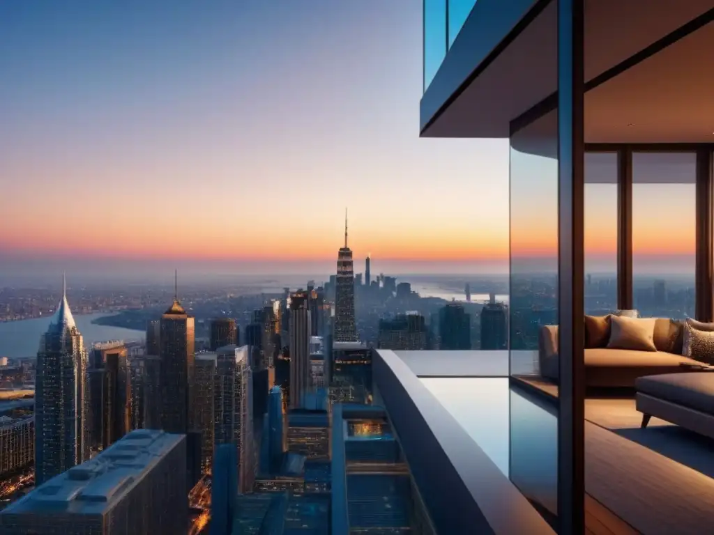 Puesta de sol en edificio de lujo: elegancia urbana Atardecer de lujo en rascacielos moderno con vistas a la ciudad, reflejos dorados en fachada, luces brillantes