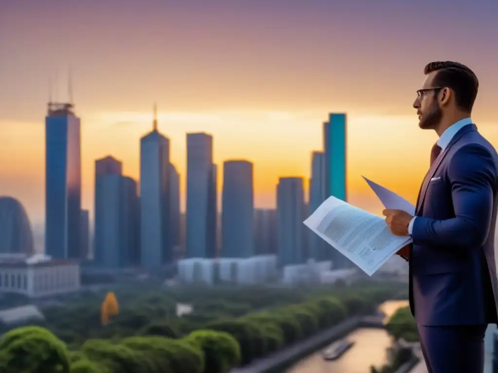 Advertencias en la ciudad: luces y sombras del mercado inmobiliario Un atardecer lujoso en la ciudad: rascacielos brillantes, diversidad de personas y señales de alerta en arquitectura