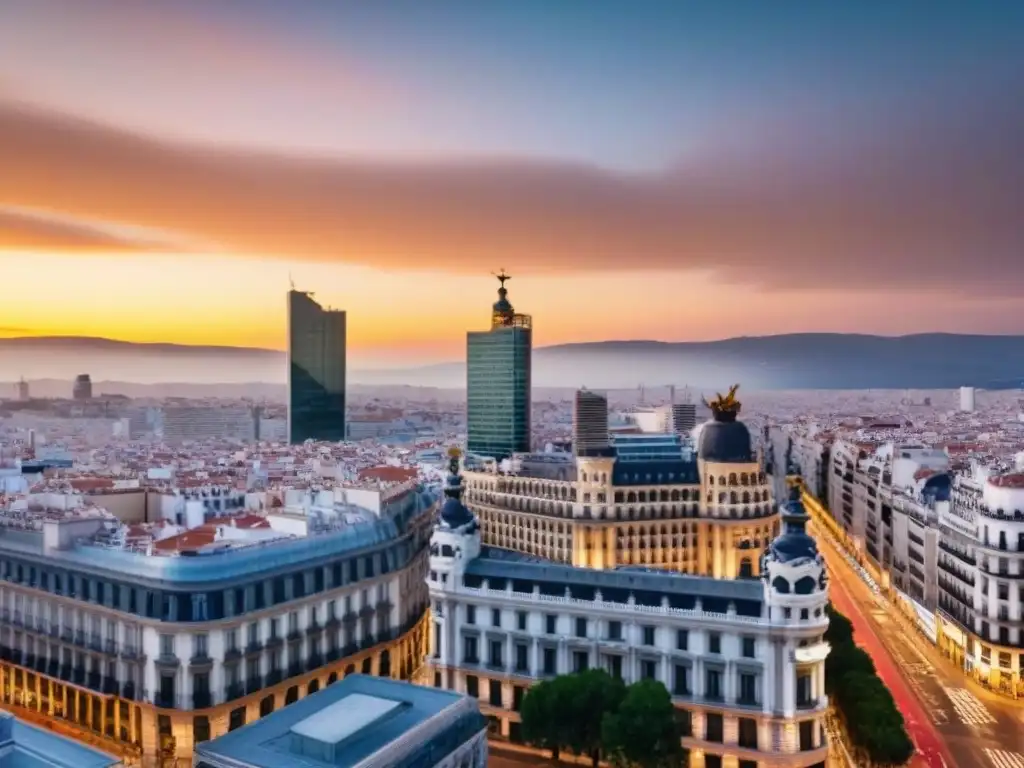 Espléndida vista aérea del atardecer en Madrid Madrid al atardecer: moderna arquitectura con Cuatro Torres y Gran Vía iluminadas, atrayendo inversores extranjeros al mercado inmobiliario España