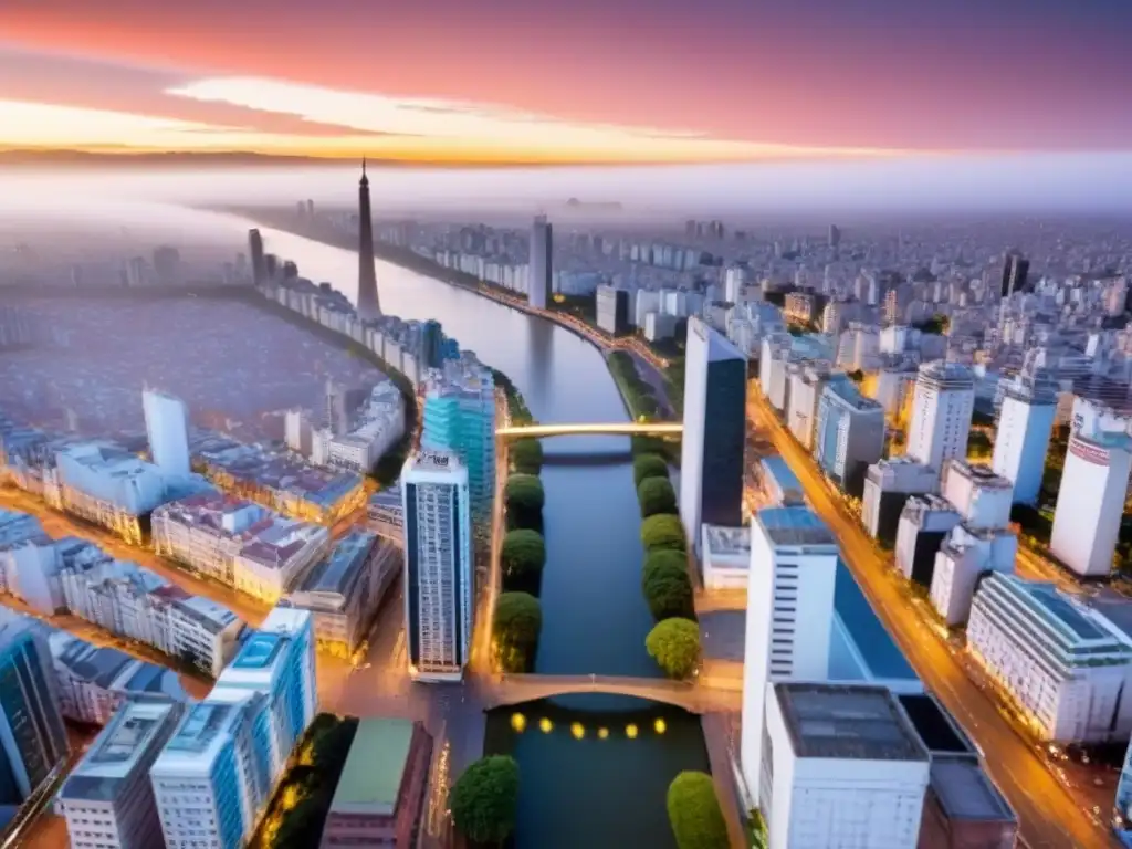 Espectacular atardecer en Buenos Aires: inversión inmobiliaria en Argentina Atardecer vibrante sobre Buenos Aires, Argentina con su icónica arquitectura y modernos rascacielos