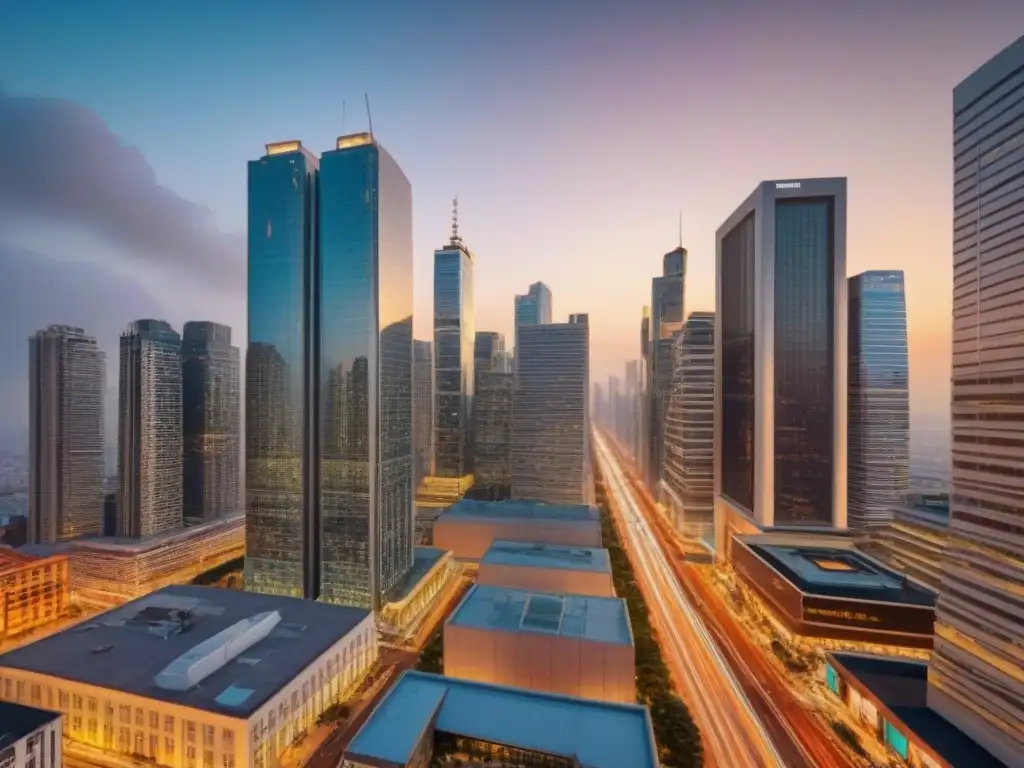 Metrópolis vibrante: Oportunidades de inversión en inmuebles modernos Un atardecer vibrante en la ciudad con rascacielos iluminados y gente en las calles