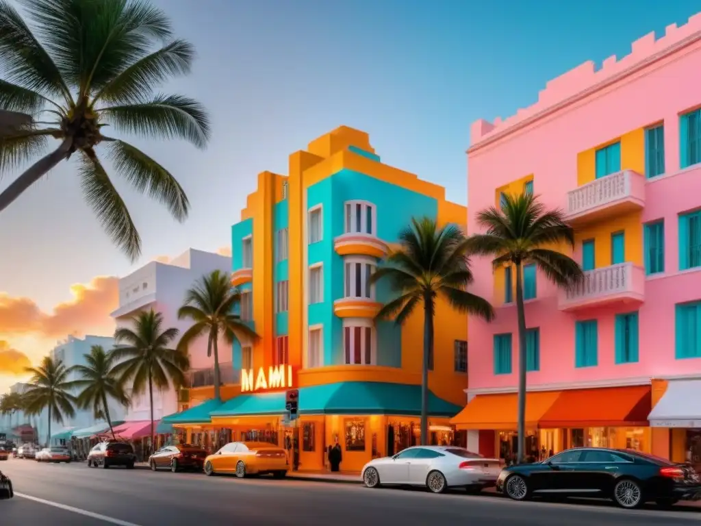 Puesta de sol dorada en Ocean Drive: Arte Deco en Miami Atardecer vibrante iluminando el icónico estilo Art Deco en Miami en Ocean Drive con tonos dorados y rosas cálidos