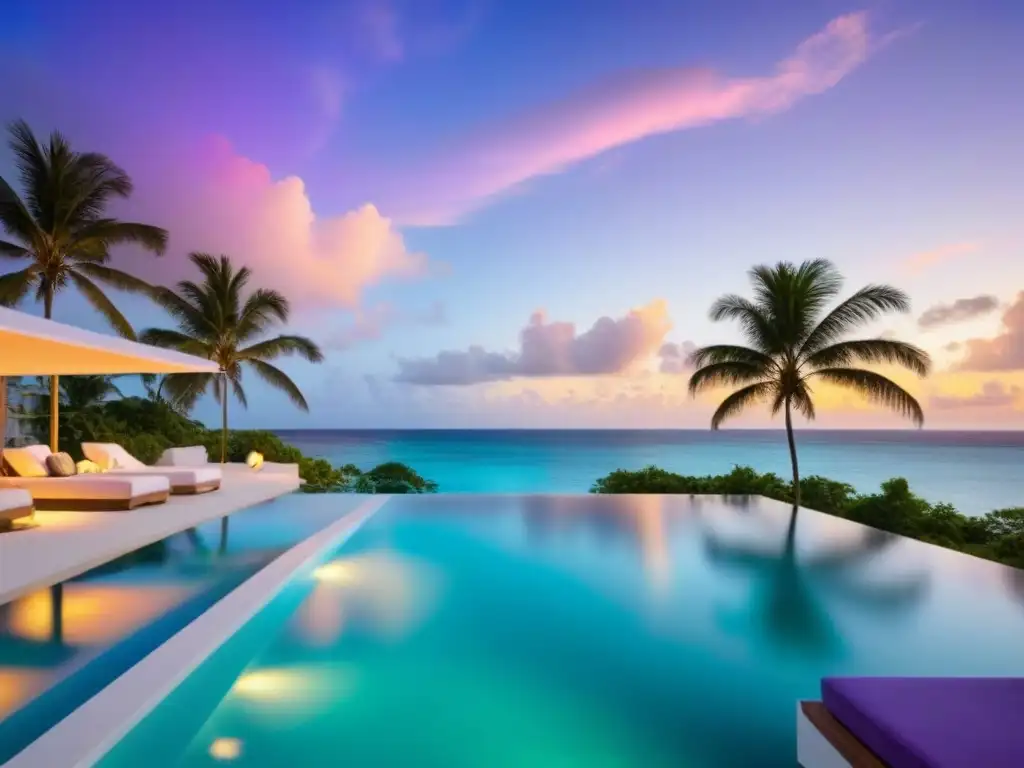 Resort de lujo frente al mar en el Caribe: exclusividad y relax Atardecer vibrante sobre resort de lujo en el Caribe, fusionando naturaleza y arquitectura moderna