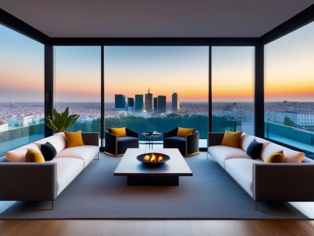 Penthouse moderno con vistas a Madrid al atardecer Ático de lujo en Madrid con impacto propiedades alta gama mercado, ventanales de piso a techo y atardecer en la ciudad