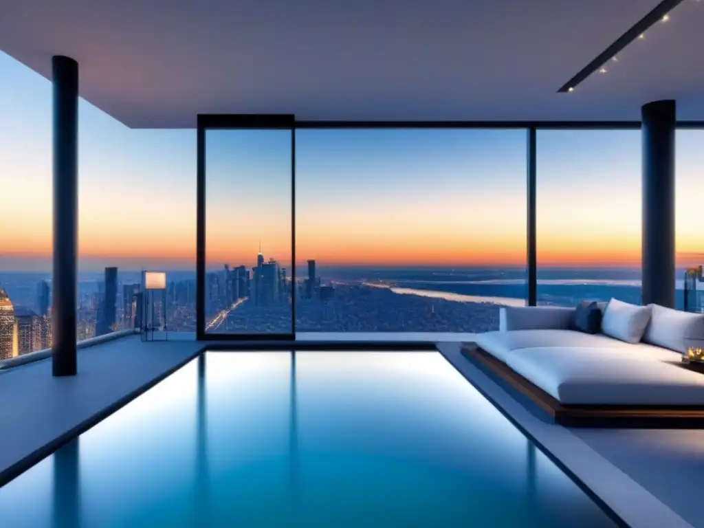 Penthouse de lujo con vista panorámica en la ciudad Ático de lujo con vistas a la ciudad, decoración elegante y terraza con piscina infinita