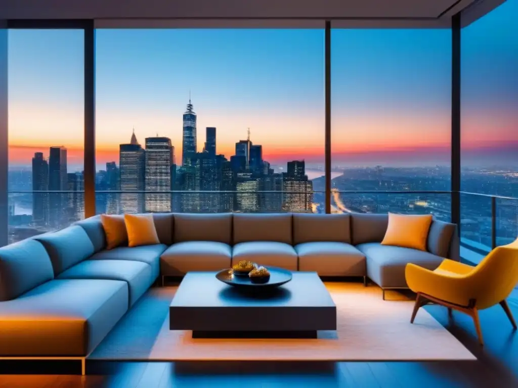 Moderno penthouse de lujo con vista nocturna a la ciudad Ático moderno de lujo con vista nocturna de la ciudad, muebles contemporáneos, cocina de última generación y ambiente sofisticado