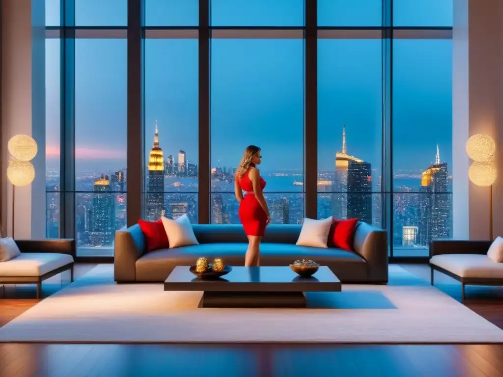 Penthouse de lujo con vista de ciudad al atardecer Ático moderno de lujo con vista a la ciudad al atardecer, diseño elegante y cálido para estrategias de salida e inversión inmobiliaria