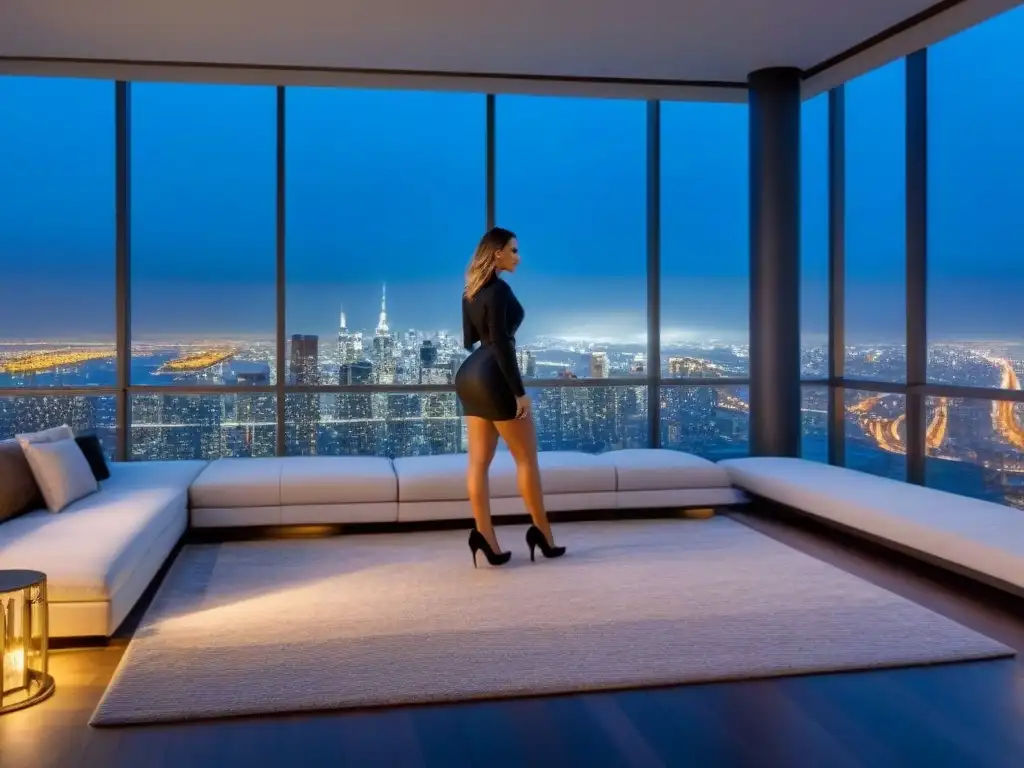 Penthouse de lujo con vistas nocturnas a la ciudad Ático moderno de lujo con vistas nocturnas a la ciudad y diseño interior contemporáneo, ideal para Relaciones públicas en mercado inmobiliario