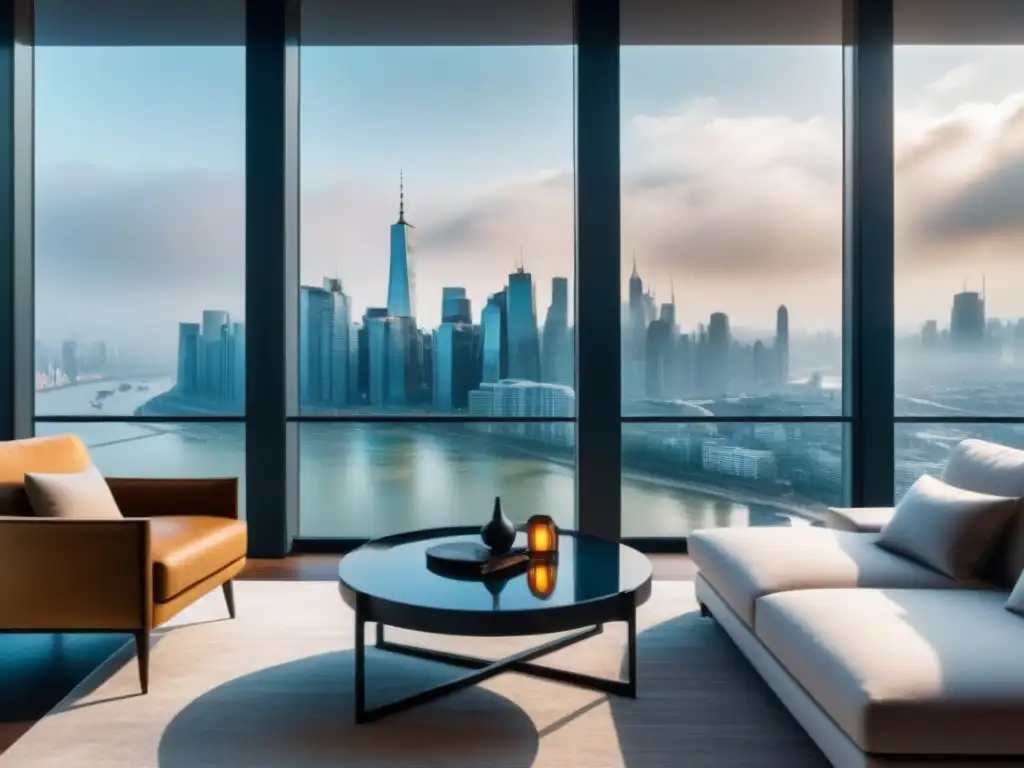 Penthouse de lujo con vista panorámica a la ciudad Ático moderno de lujo con vistas impresionantes de la ciudad y el río, mobiliario elegante