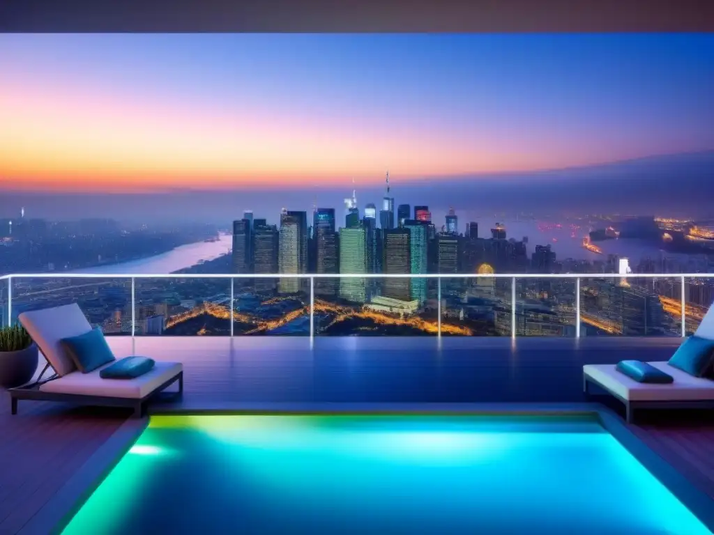 Penthouse de lujo con infinity pool y vistas panorámicas al atardecer Ático moderno de lujo con vistas a la ciudad al atardecer y piscina infinita, ideal para marketing digital propiedades lujo