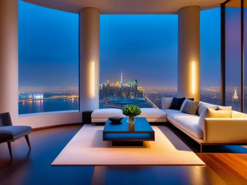 Penthouse de lujo con vista nocturna a la ciudad Ático moderno y lujoso con vista nocturna de la ciudad, diseño elegante y tecnología avanzada