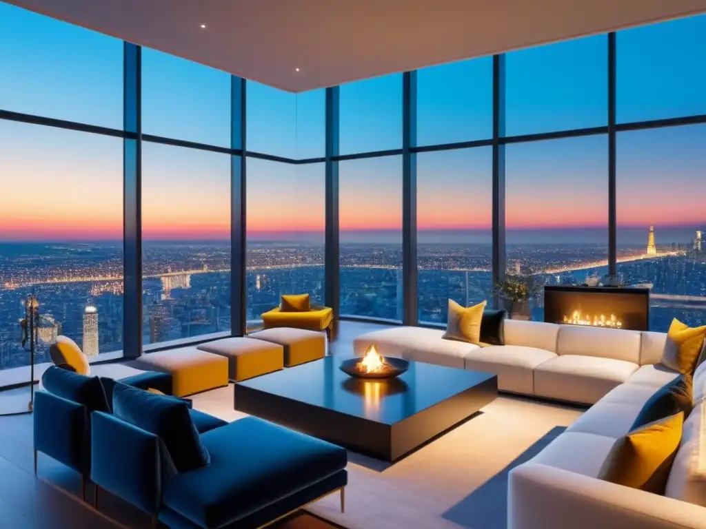 Penthouse de lujo con vistas panorámicas al atardecer Atmósfera de lujo en penthouse moderno con vistas a la ciudad al atardecer, ideal para estrategias redes sociales mercado lujo