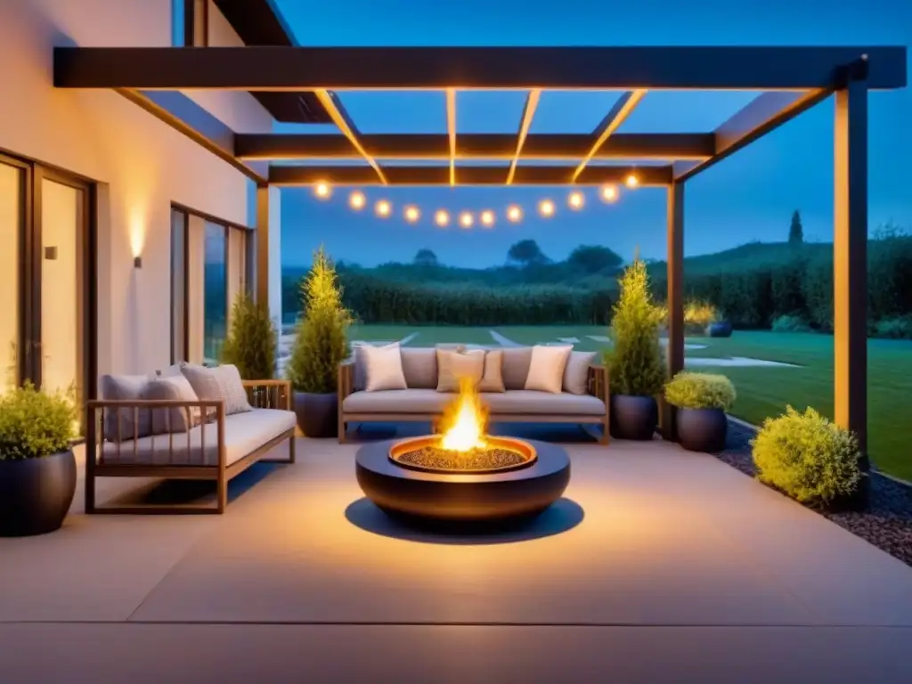 Ambiente nocturno de lujo en patio contemporáneo Una atmósfera mágica en iluminación exterior ambientes mágicos de un patio contemporáneo de noche, resaltando la decoración con luces LED
