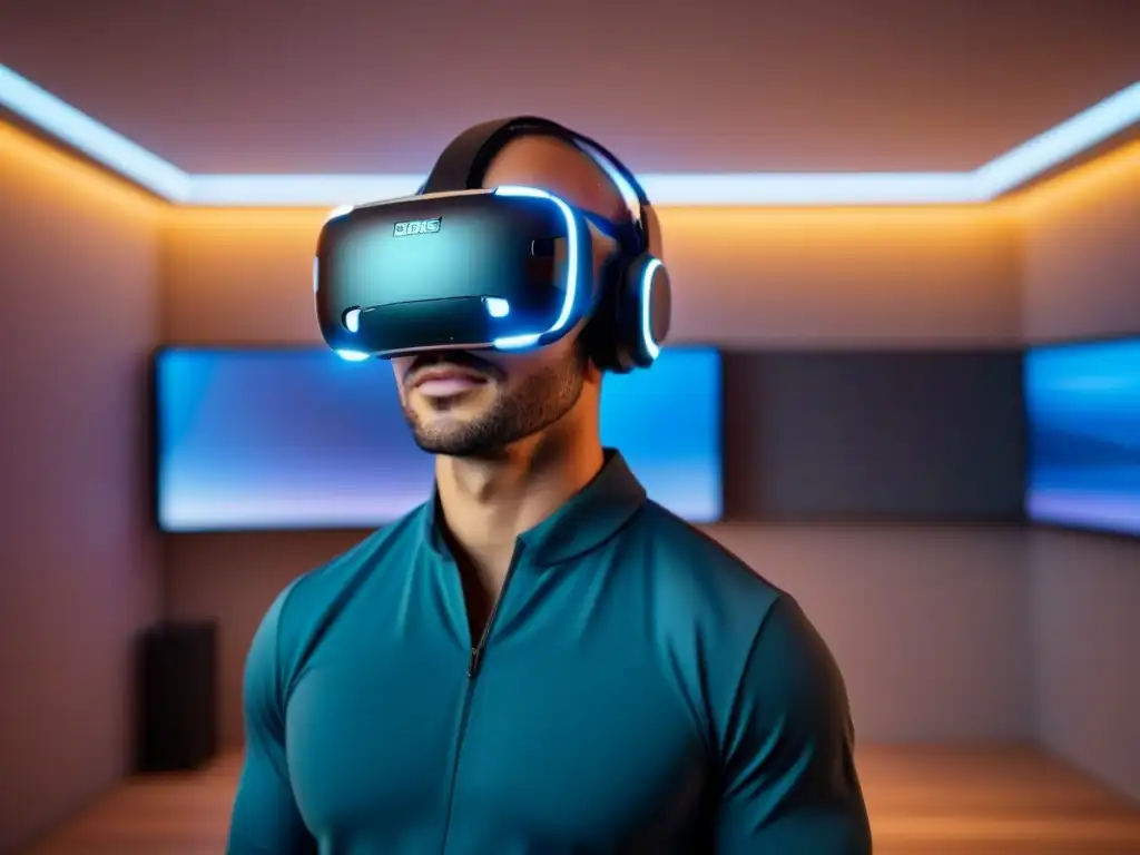 Realidad virtual futurista en ambiente innovador Un audaz headset de realidad virtual en un ambiente futurista, reflejando innovación