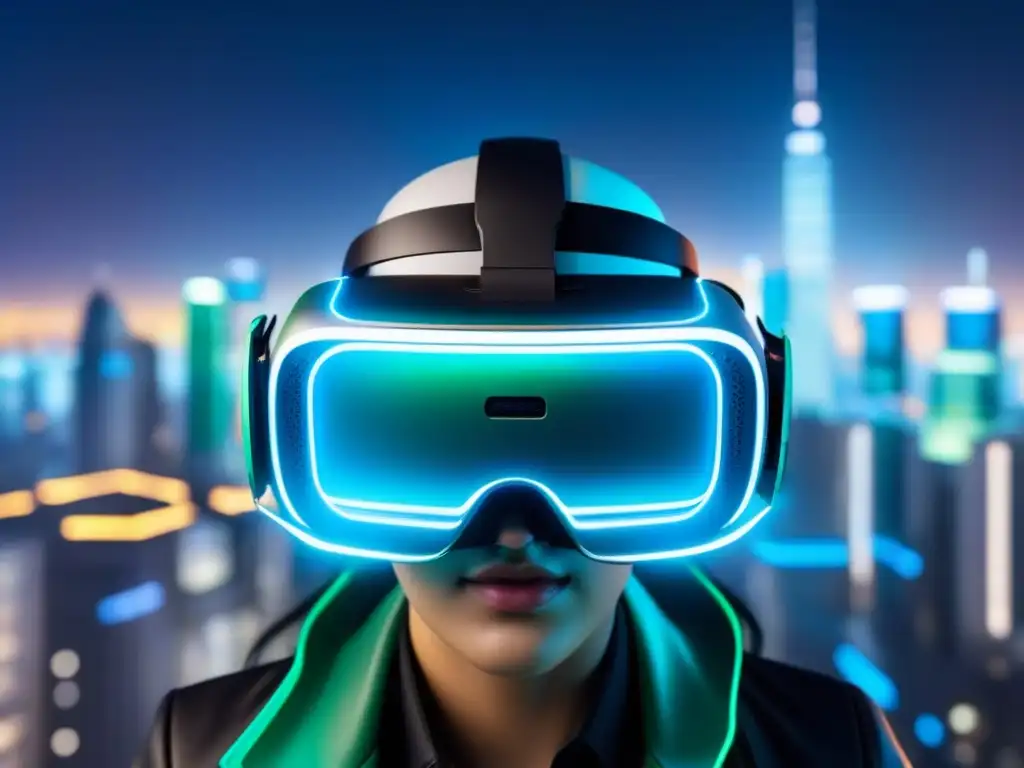 Headset VR futurista en ciudad digital - Inversión inmobiliaria online Un audaz auricular de realidad virtual suspendido en el aire, rodeado de una ciudad digital futurista