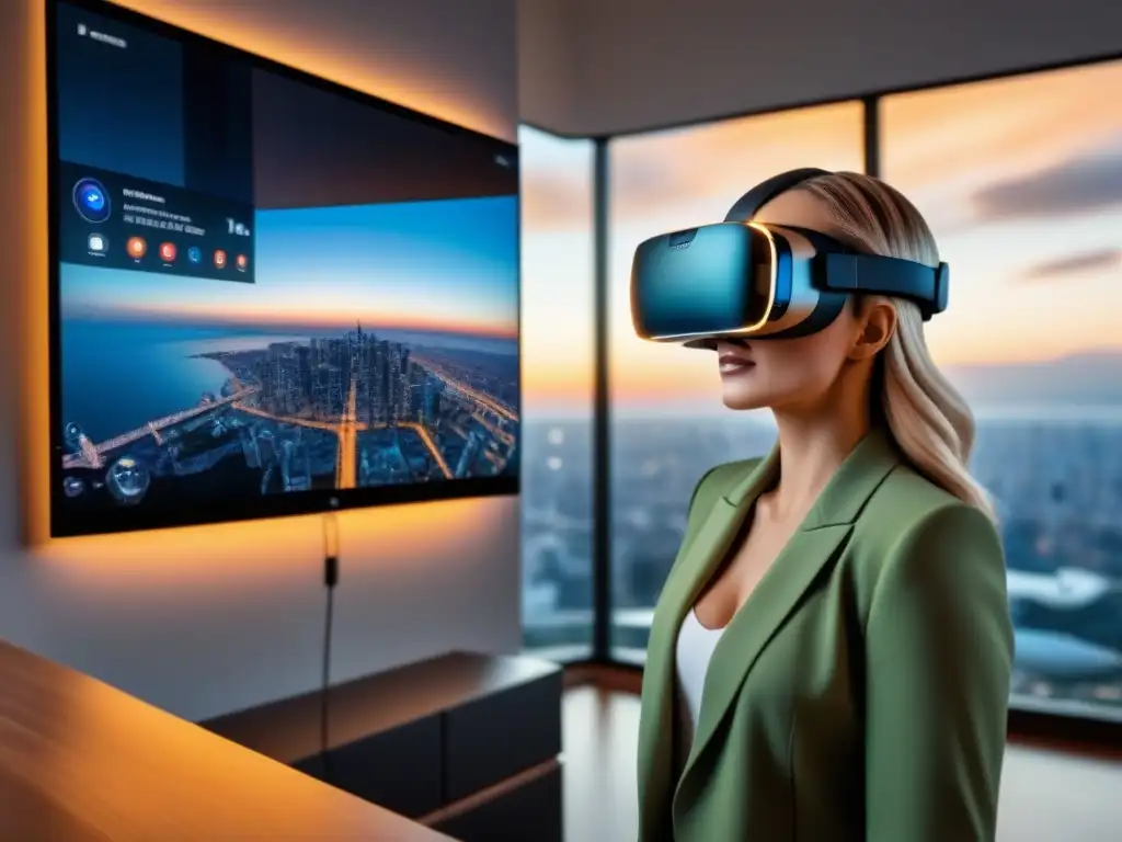 Realidad virtual de lujo: tour 360º inmersivo Avances tecnología tours virtuales inmobiliarios: Imagen detallada de un headset VR mostrando un lujoso tour virtual 360° de una propiedad moderna