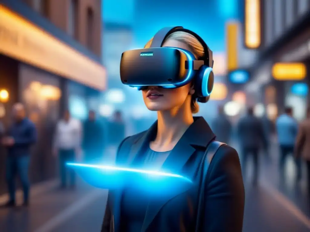 Realidad virtual inmersiva: tour de lujo en propiedad moderna Avances tecnología tours virtuales inmobiliarios: Un headset VR futurista flotando, rodeado de partículas digitales brillantes