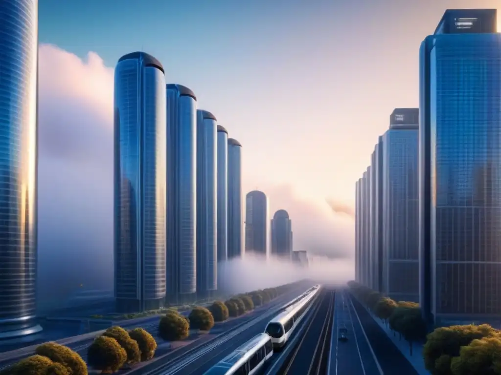 Metrópolis futurista: crecimiento urbano y valor inmobiliario Avanzada ciudad futurista con rascacielos y sistemas de transporte, simbolizando la plusvalía municipal en venta de propiedades