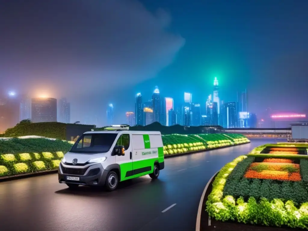 Metrópolis futurista con tecnología de gestión de residuos Avanzada gestión residuos desarrollo urbano en la ciudad de noche, con vehículos futuristas y luces de neón