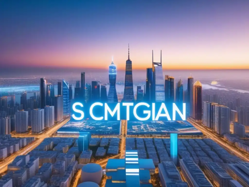 Metrópolis futurista con IA avanzada en el mercado inmobiliario Avanzada integración AI en el mercado inmobiliario: futurista ciudad con rascacielos interconectados y análisis en tiempo real