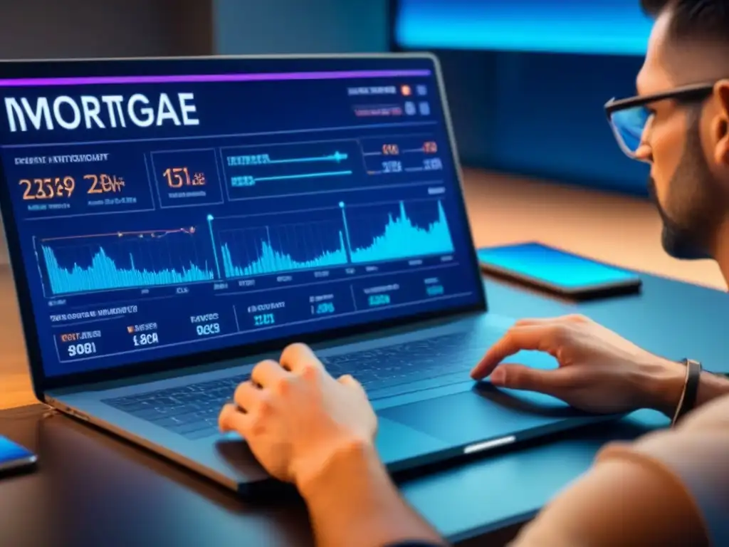 Interfaz digital futurista de gestión hipotecaria avanzada Avanzada interfaz digital con herramientas de gestión hipotecaria e inversiones, datos vibrantes y visualizaciones detalladas