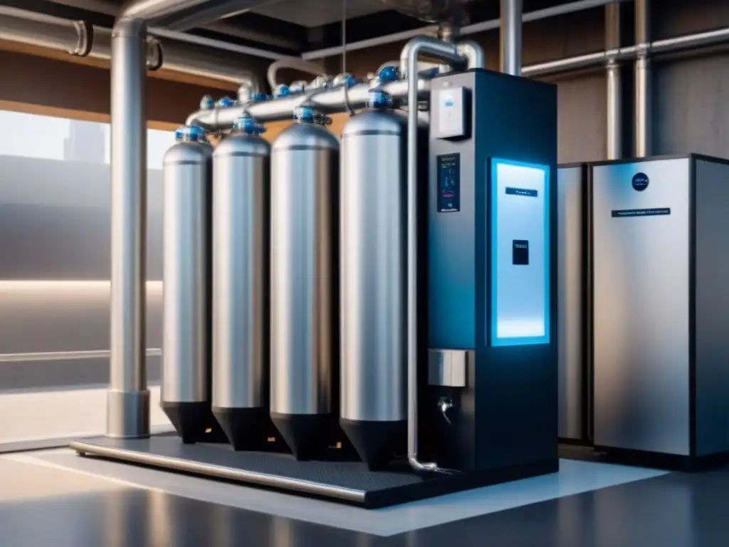 Avanzado sistema de filtración de agua en edificio moderno Un avanzado sistema de filtración de agua en un edificio moderno, con tecnología innovadora y diseño futurista