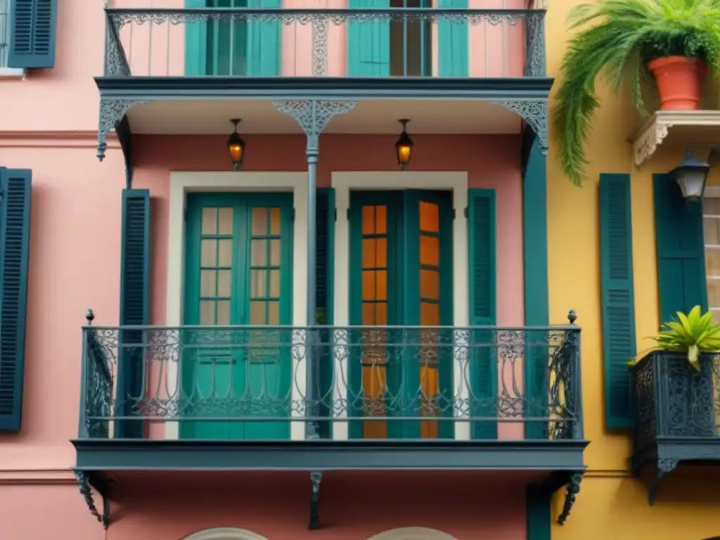 Balcón de hierro forjado en Nueva Orleans: encanto colonial francés Un balcón de hierro forjado adornando un edificio colonial francés en Nueva Orleans