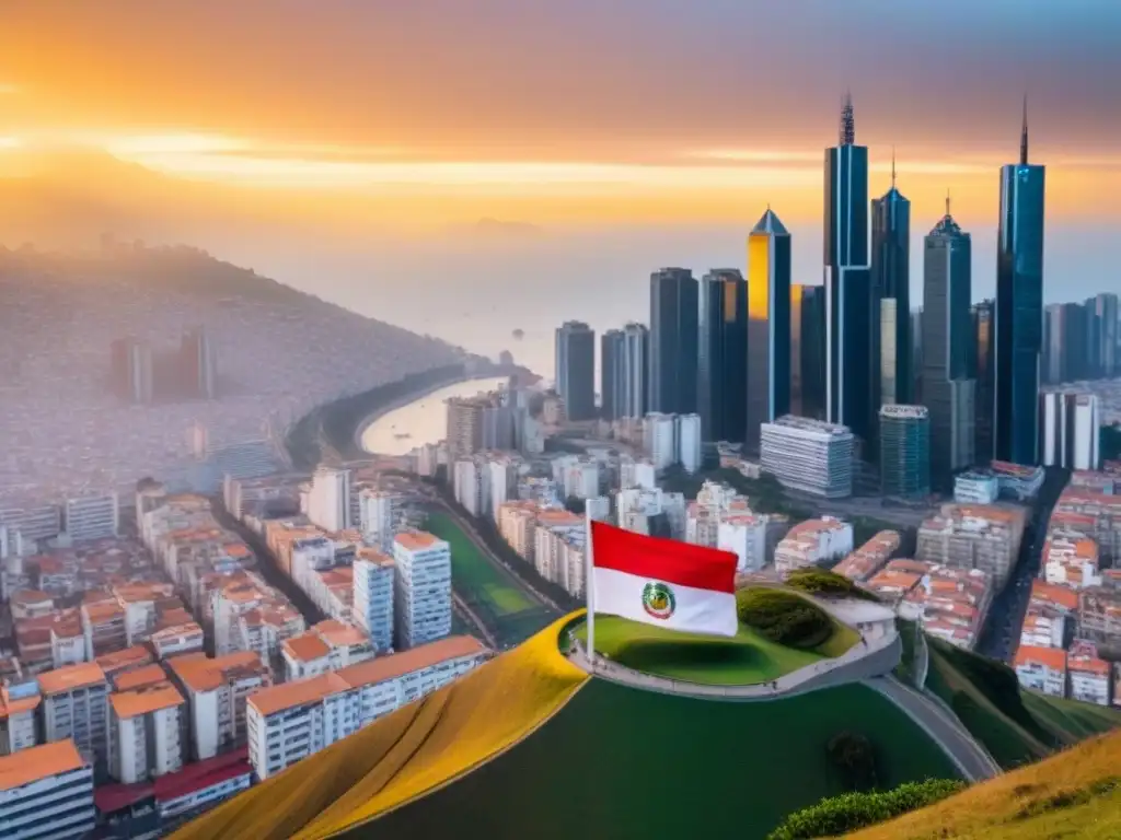 Bandera peruana ondeando sobre Lima al atardecer Bandera peruana ondeando sobre Lima al atardecer, reflejando el dinámico marco legal inversiones inmobiliarias Perú