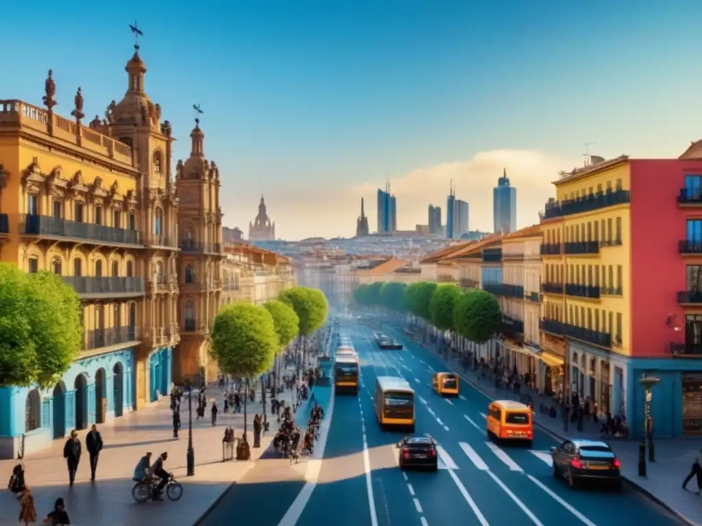 Contrastes urbanos: tradición y modernidad en un barrio español Un barrio español con arquitectura histórica y rascacielos modernos, reflejando la coexistencia en la gentrificación de ciudades españolas