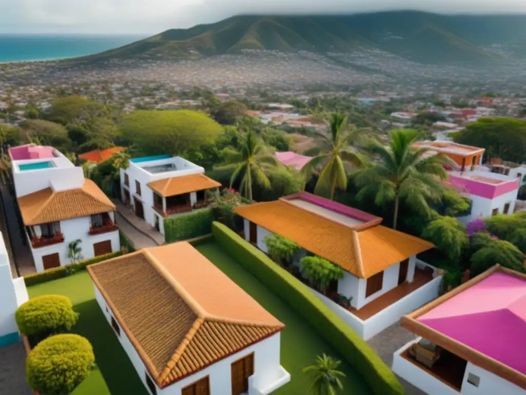 Barrio colorido en México: arquitectura tradicional y vida cotidiana Barrio mexicano con arquitectura tradicional, calles empedradas y vegetación exuberante