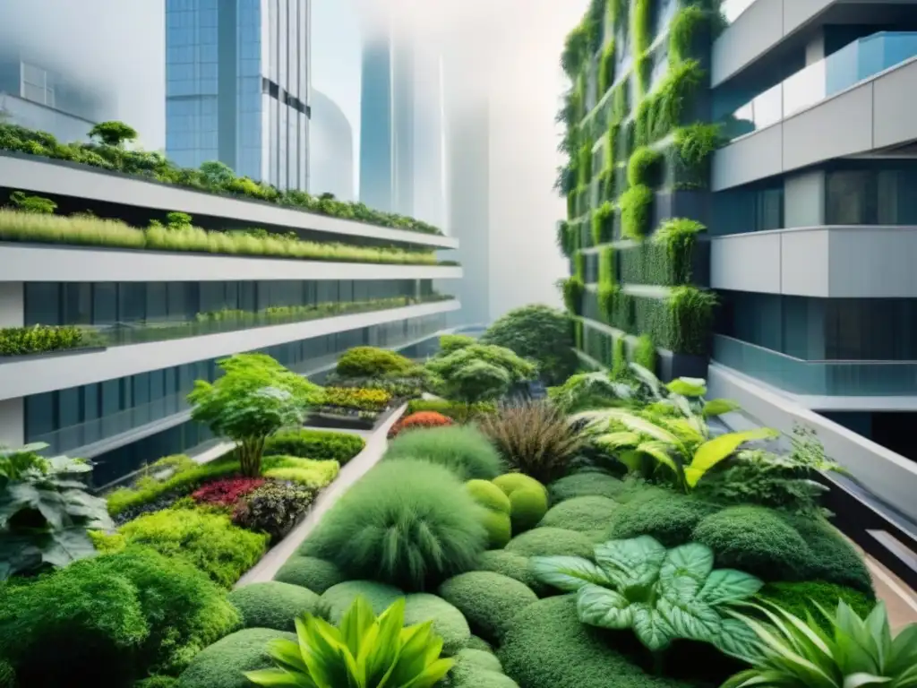 Diseño biófilo: Ciudad moderna fusionada con naturaleza Beneficios del diseño biofílico en espacios urbanos: una ciudad moderna integrada con exuberante vegetación y arquitectura innovadora