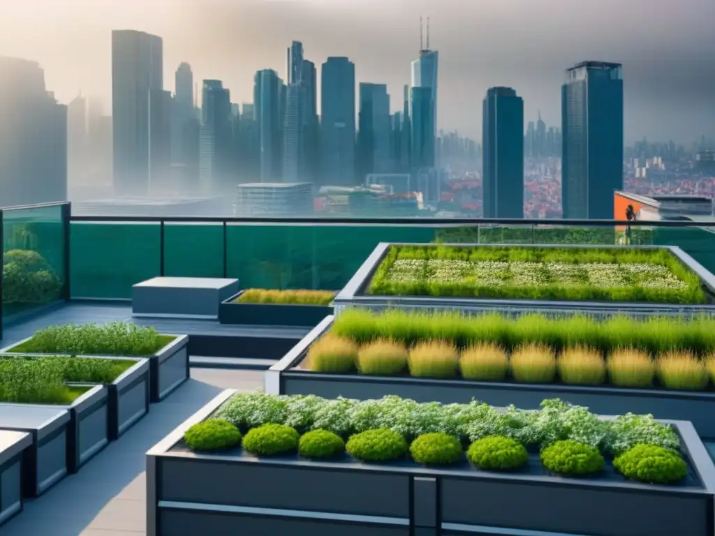 Arquitectura sostenible: edificio con jardines verdes en la azotea Beneficios de techos verdes en edificaciones sostenibles: moderno edificio con jardines en la azotea y vista a la ciudad