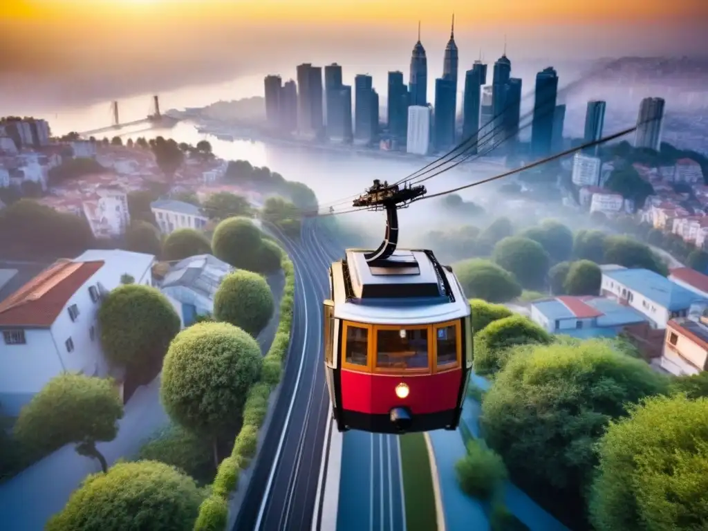 Deslumbrante panorama urbano con teleféricos modernos en la ciudad Beneficios teleféricos urbanos residenciales: Vista aérea impresionante de la ciudad con modernos teleféricos y barrios vibrantes al atardecer