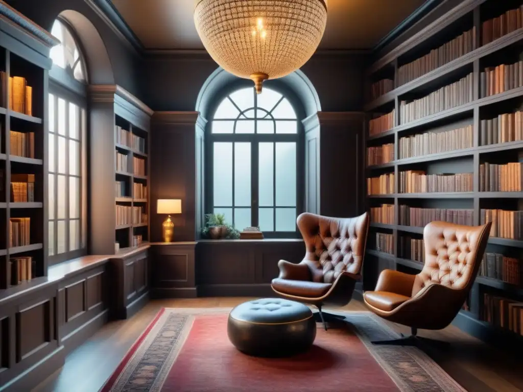 Biblioteca antigua renovada con encanto moderno Una biblioteca antigua renovada con diseño interior moderno, estanterías de madera oscura, butaca acogedora y globo terráqueo antiguo como centro