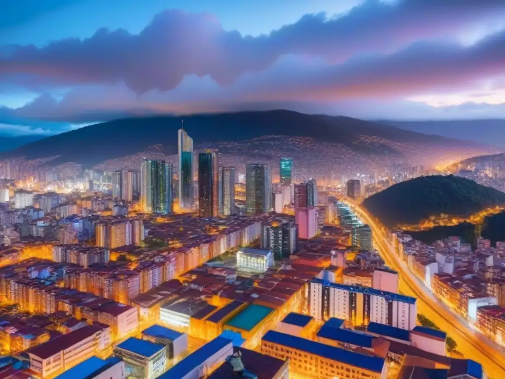 Inversión inmobiliaria en Bogotá: luces y modernidad al anochecer Invertir en bienes raíces Colombia: Vista aérea de Bogotá al anochecer, con rascacielos iluminados y bulliciosa vida urbana