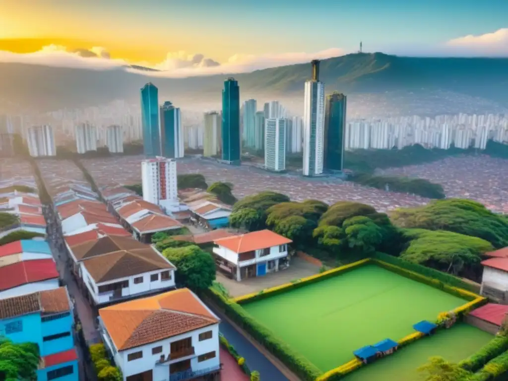 Mercado inmobiliario en Colombia: ciudad vibrante y diversa Invertir en bienes raíces Colombia: Ciudad colombiana bulliciosa con rascacielos modernos y calles vibrantes llenas de gente