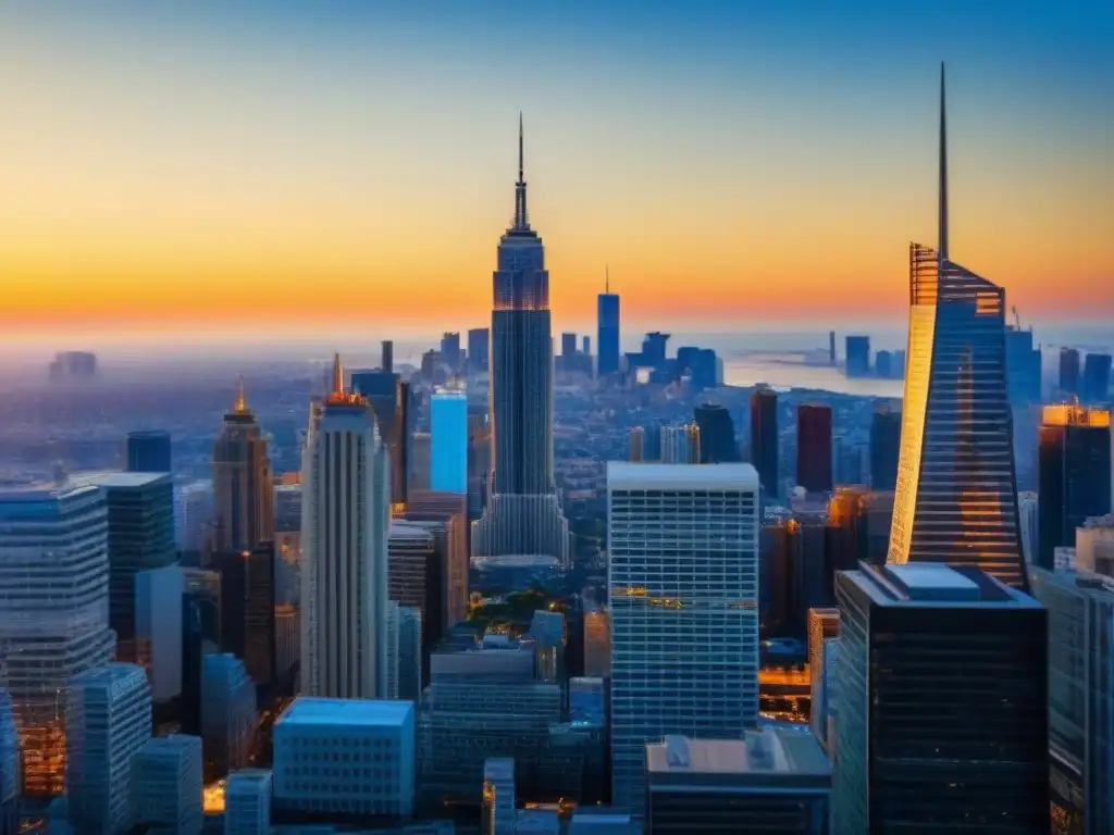 Horizonte urbano en 8k: modernidad y diversidad en la ciudad al atardecer Invertir en bienes raíces comerciales: Atardecer dorado en la ciudad con rascacielos modernos y profesionales dinámicos en primer plano