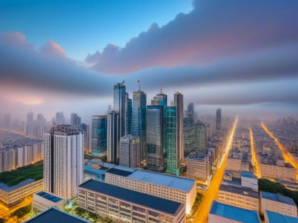 Horizonte urbano al anochecer: auge inmobiliario en la ciudad Invertir en bienes raíces comerciales: Ciudad llena de modernos rascacielos iluminados al anochecer, simbolizando prosperidad y crecimiento urbano