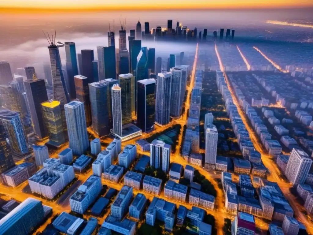 Vista aérea impactante de ciudad moderna al atardecer Invertir en bienes raíces comerciales: Una ciudad vibrante con rascacielos y calles llenas de vida bajo la cálida luz del atardecer