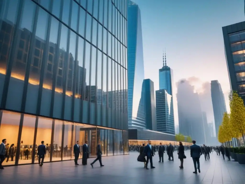 Skyline urbano: éxito y oportunidad en inversión inmobiliaria Invertir en bienes raíces comerciales: Una ciudad vibrante con modernos rascacielos y profesionales exitosos en una escena de éxito y ambición
