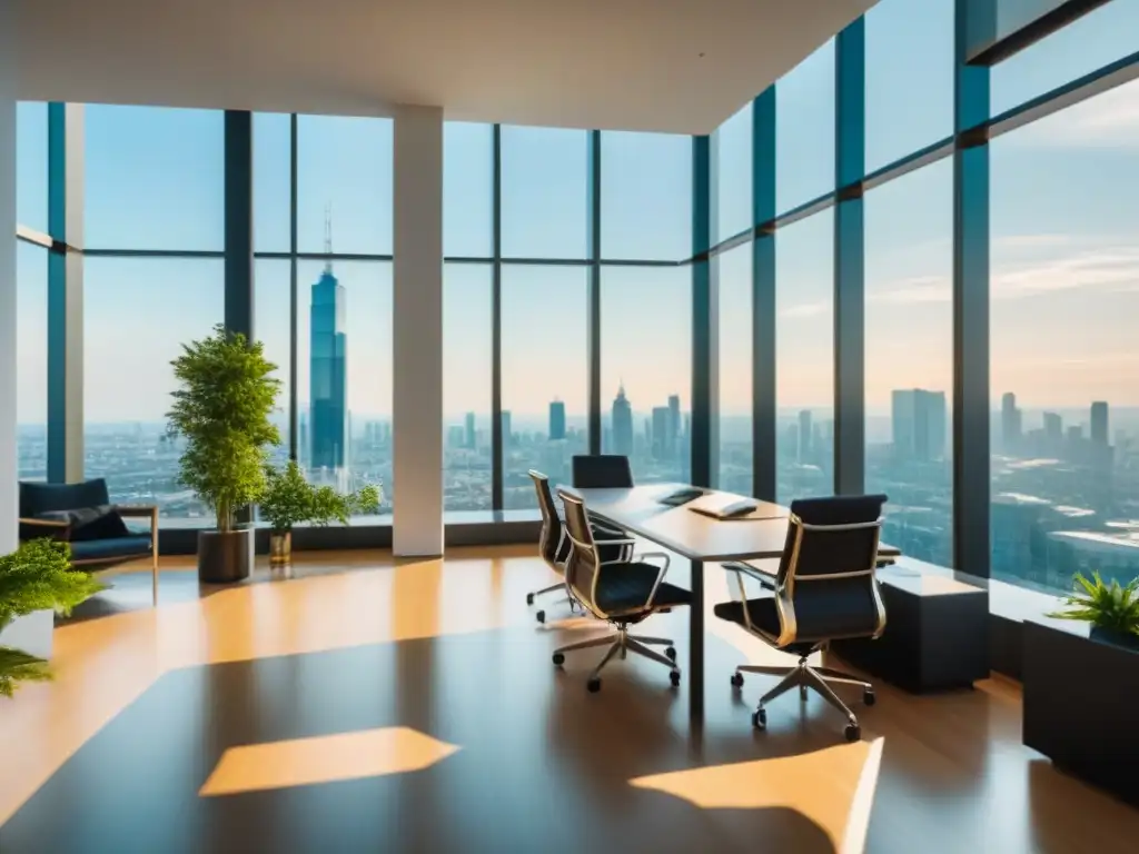 Edificio de oficinas moderno y sofisticado en la ciudad Invertir en bienes raíces comerciales: Edificio moderno con ventanales de piso a techo, reflejando la ciudad y rodeado de vegetación exuberante