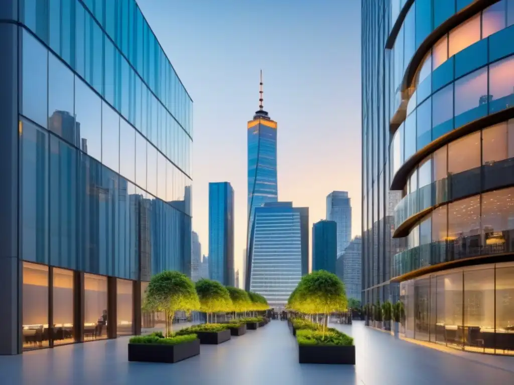 Edificio comercial moderno en la ciudad al atardecer Invertir en bienes raíces comerciales: Edificio moderno de cristal en distrito financiero al atardecer
