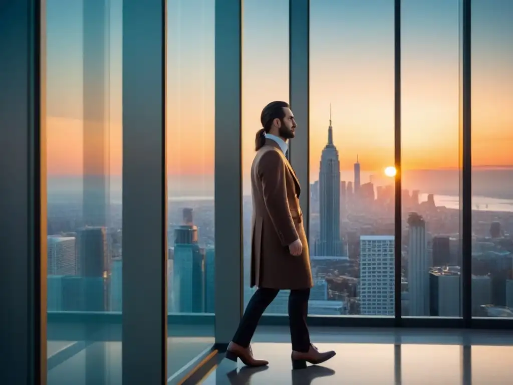 Edificio de oficinas moderno con reflejos de la ciudad al atardecer Invertir en bienes raíces comerciales: Edificio moderno de oficinas con ventanales de piso a techo reflejando la ciudad al atardecer