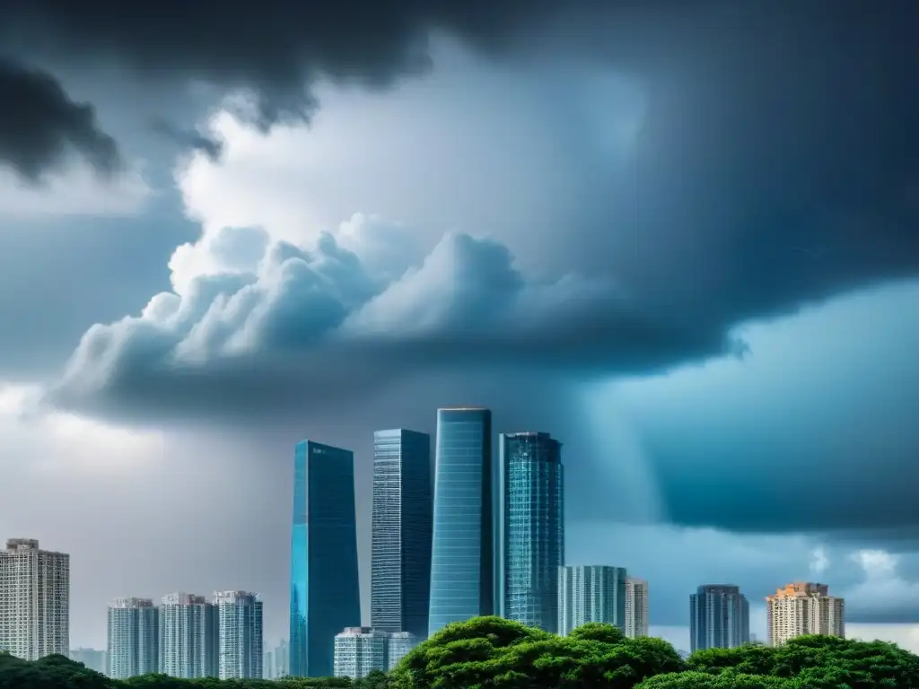Rascacielos en tormenta: Inversiones inmobiliarias en crisis Invertir en bienes raíces crisis: un rascacielos moderno sobresale entre nubes de tormenta, simbolizando riesgos y oportunidades en tiempos difíciles